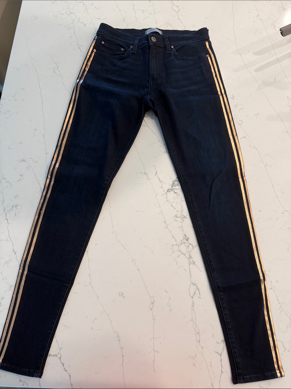 Women's Dark Blue Skinny Jeans with Gold Side Stripes